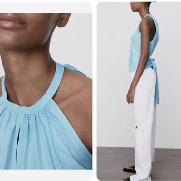 Zara Halter Top Powder Blue Tie-Back Bow Panel Fitted Sleeveless Keyhole Blouse - Picture 2 of 13